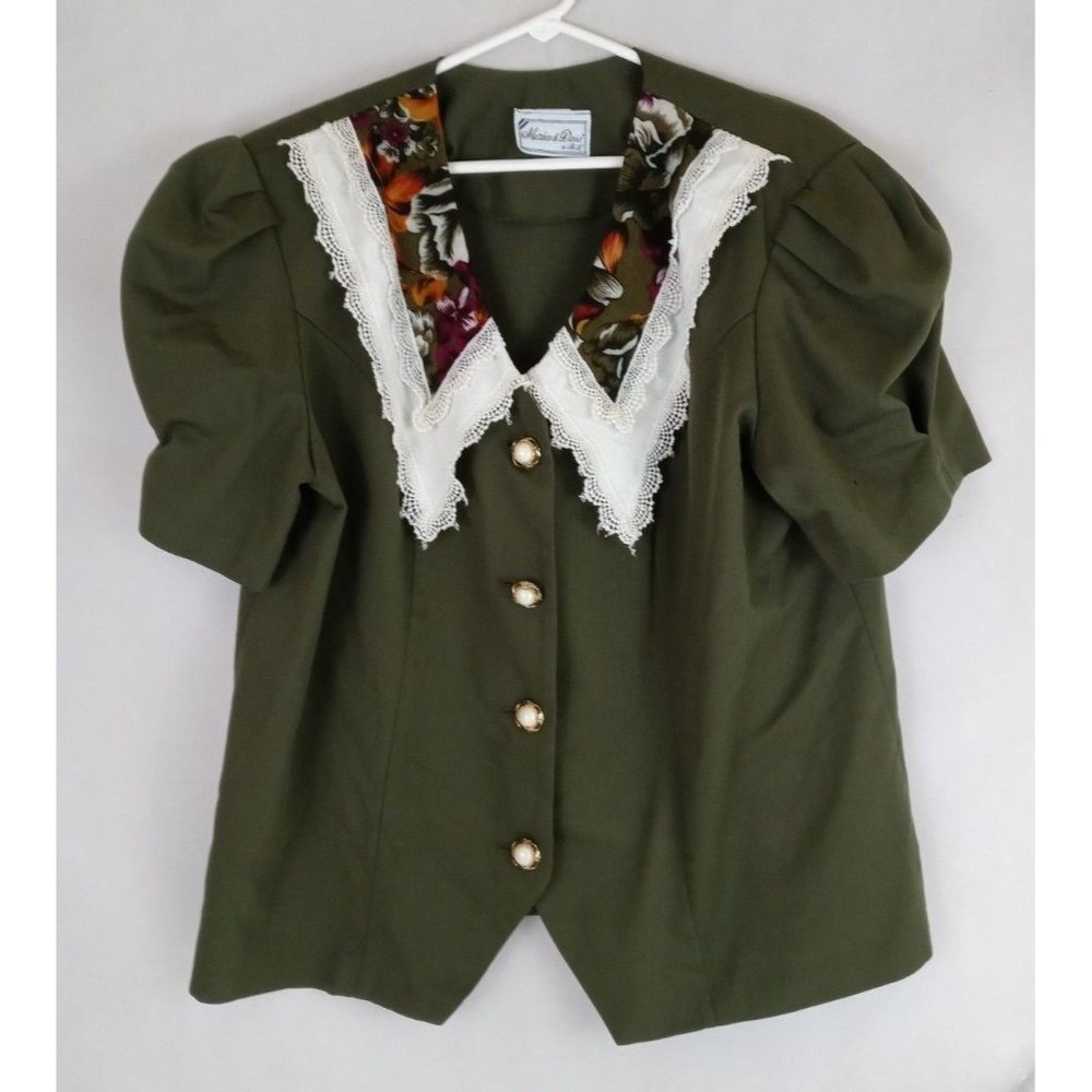 Matthew & David Womens Olive Green Career Blazer With Floral & Lace Collar Large